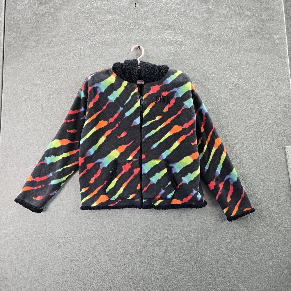 PINK Women Jacket M Black‎ Embroidered Reversible Sherpa Fleece Zipper